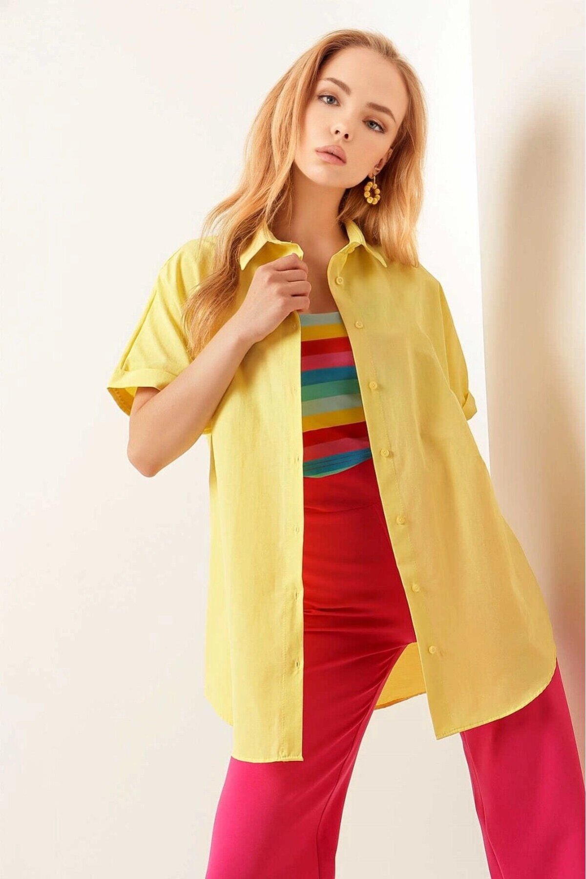 Kadın Sarı Oversize Uzun Kısa Kollu Basic Poplin Gömlek HZL22S-BD1201201