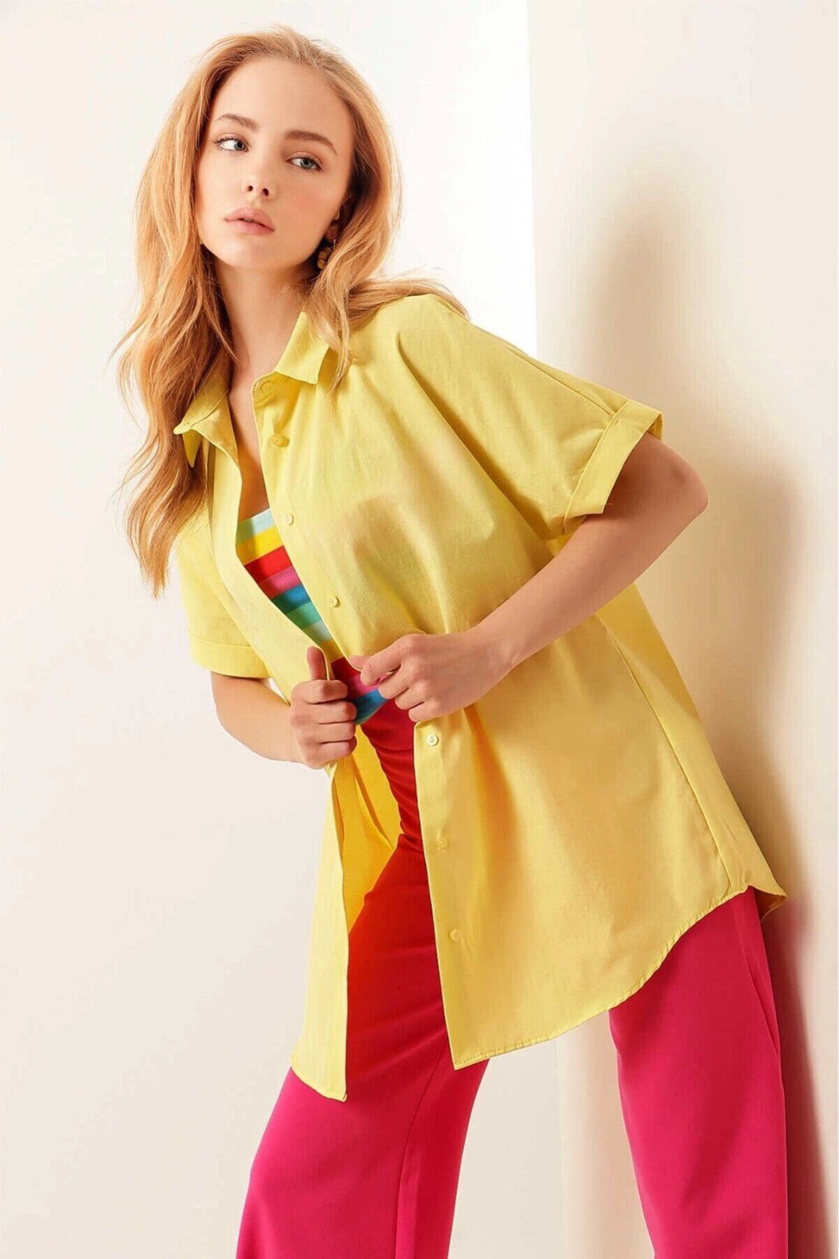 Kadın Sarı Oversize Uzun Kısa Kollu Basic Poplin Gömlek HZL22S-BD1201201