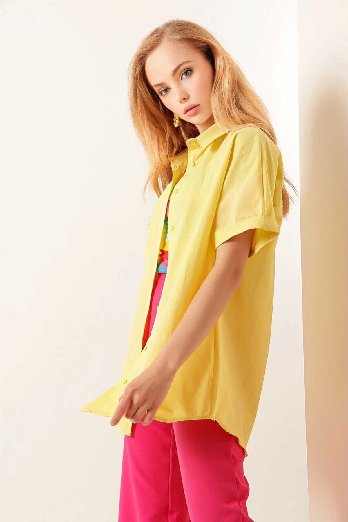 Kadın Sarı Oversize Uzun Kısa Kollu Basic Poplin Gömlek HZL22S-BD1201201