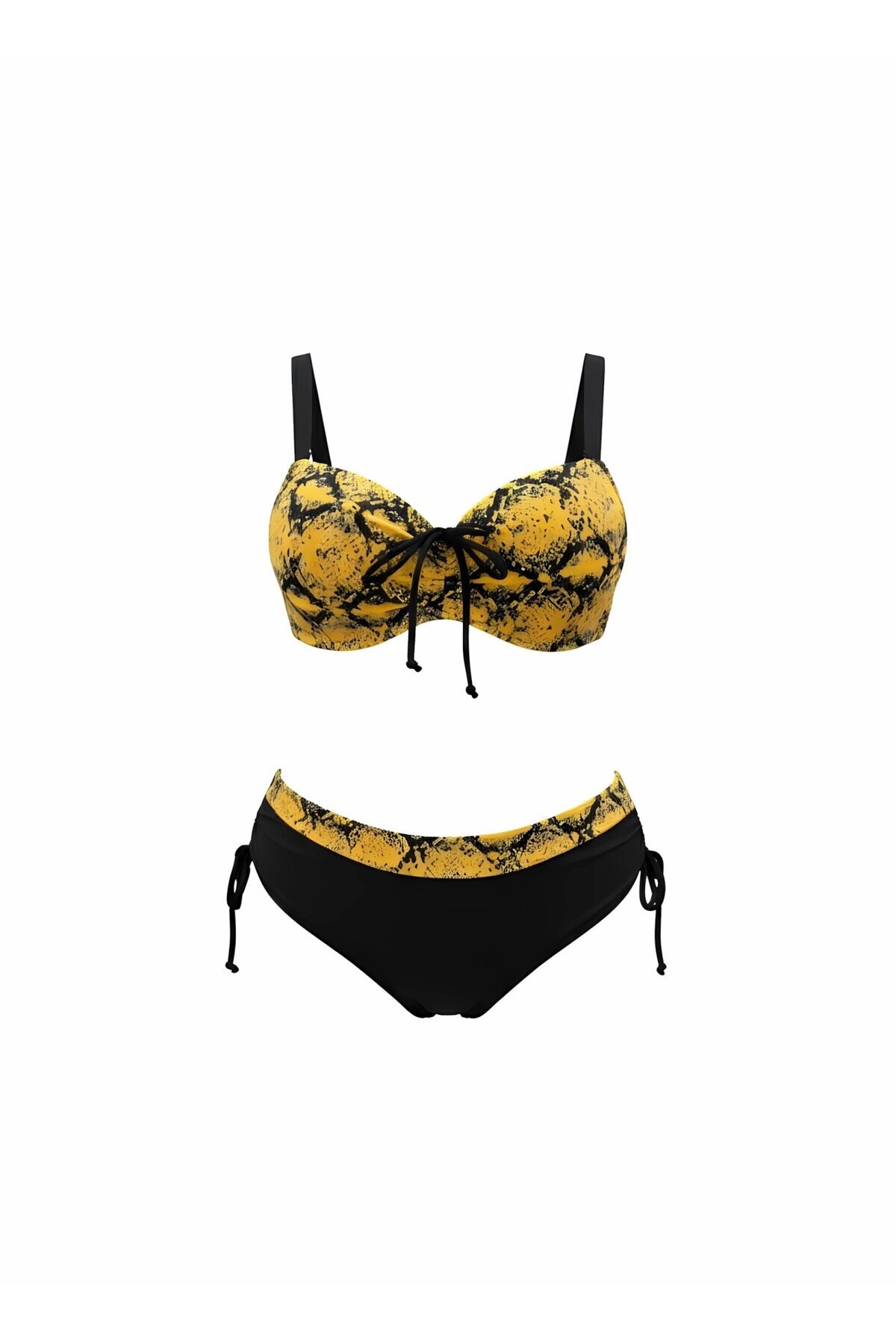 Kadın Sarı Siyah Desenli Taş İşlemeli Toparlayıcı Büyük Beden Bikini Takım HZL25S-LC3333