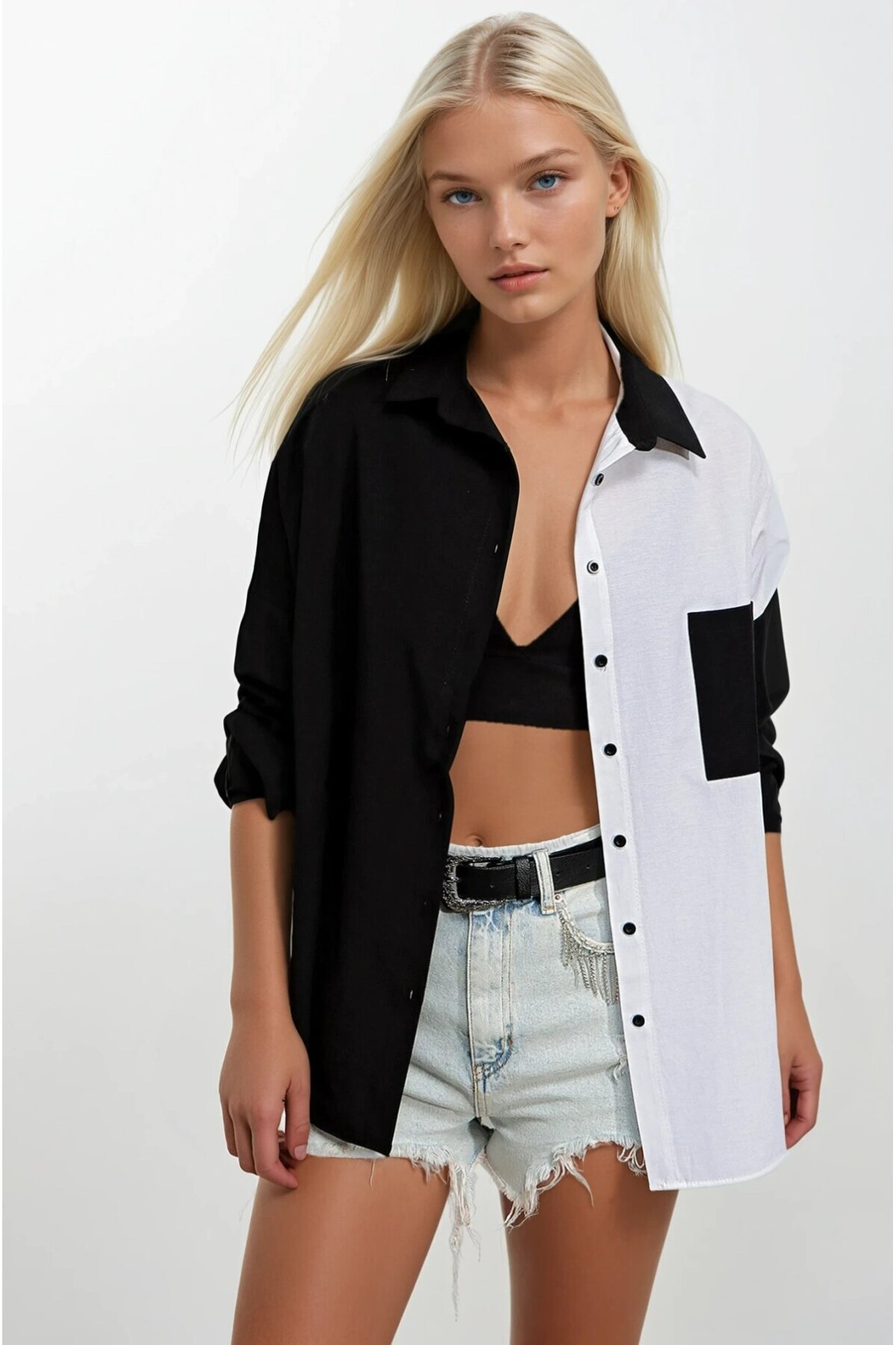 Kadın Siyah Beyaz Renk Bloklu Poplin Basic Gömlek HZL22S-BD1201161