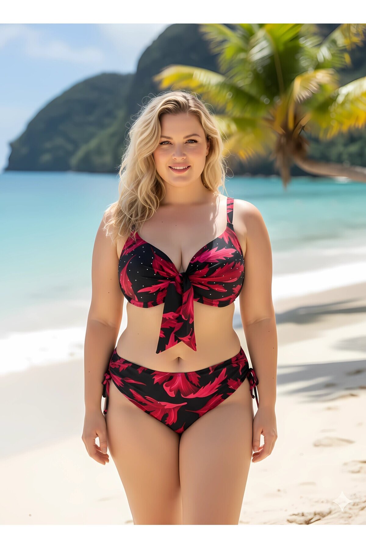 Kadın Siyah Bordo Taş İşlemeli Büyük Beden Bikini Takım HZL25S-LC3337