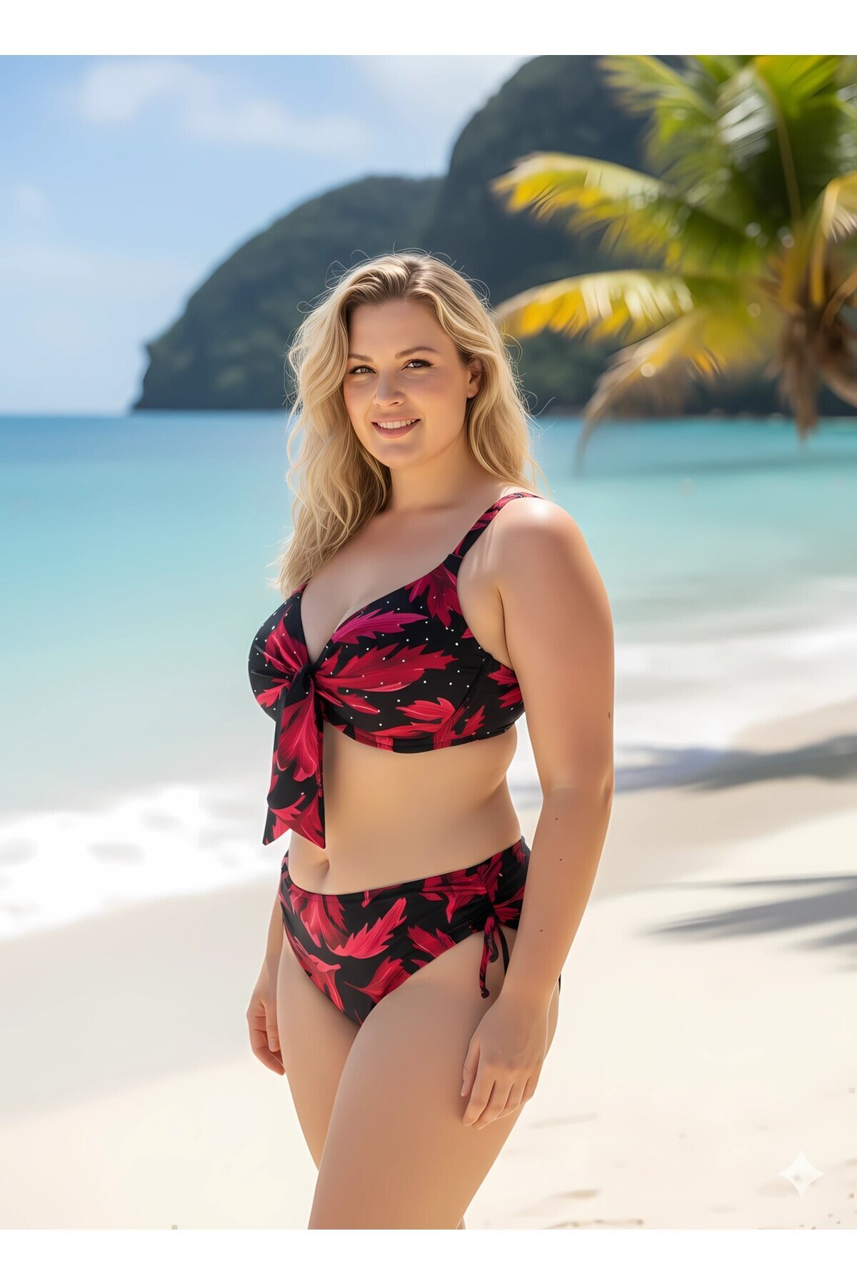 Kadın Siyah Bordo Taş İşlemeli Büyük Beden Bikini Takım HZL25S-LC3337