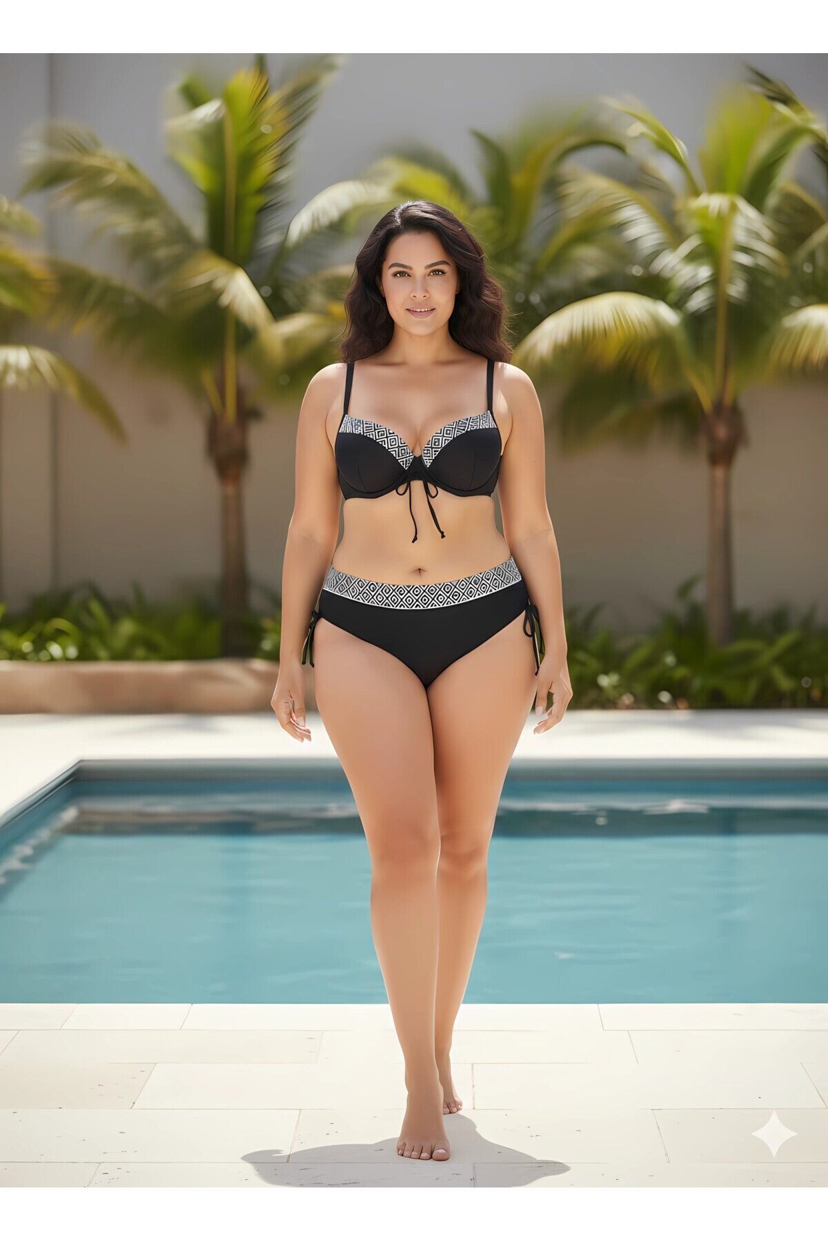 Kadın Siyah Etnik Desenli Büyük Beden Bikini Takım HZL25S-LC2218