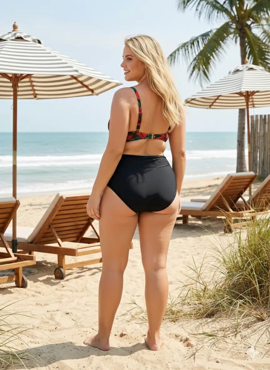 Kadın Siyah Kırmızı Çiçek Desenli Astarlı Büyük Beden Bikini Takımı HZL25S-LC24108