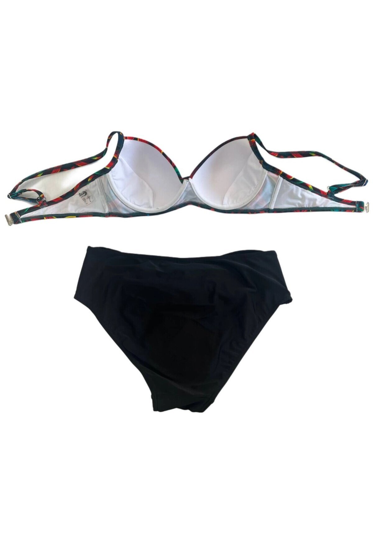 Kadın Siyah Kırmızı Çiçek Desenli Astarlı Büyük Beden Bikini Takımı HZL25S-LC24108
