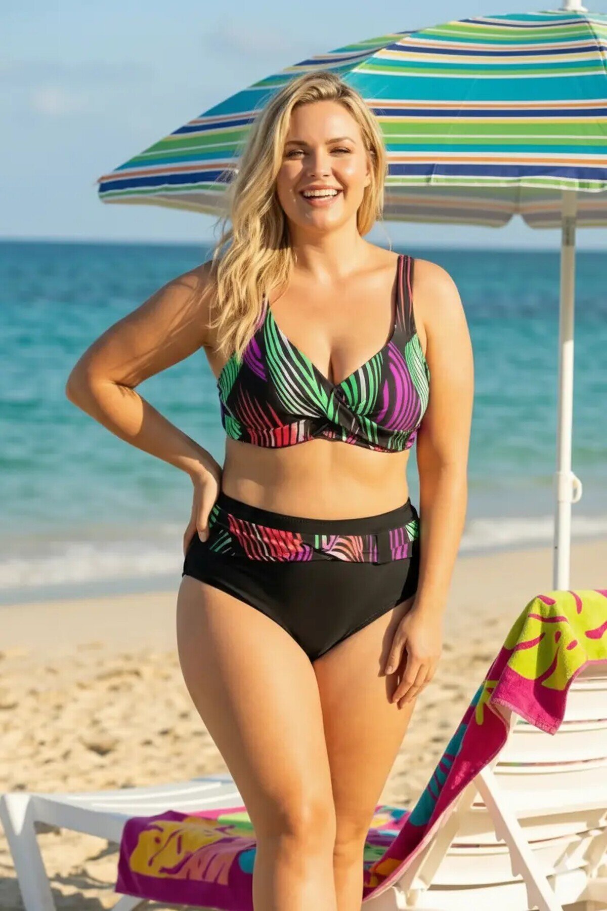 Kadın Siyah Mor Yeşil Büyük Beden Astarlı Bikini Takım HZL25S-LC21202
