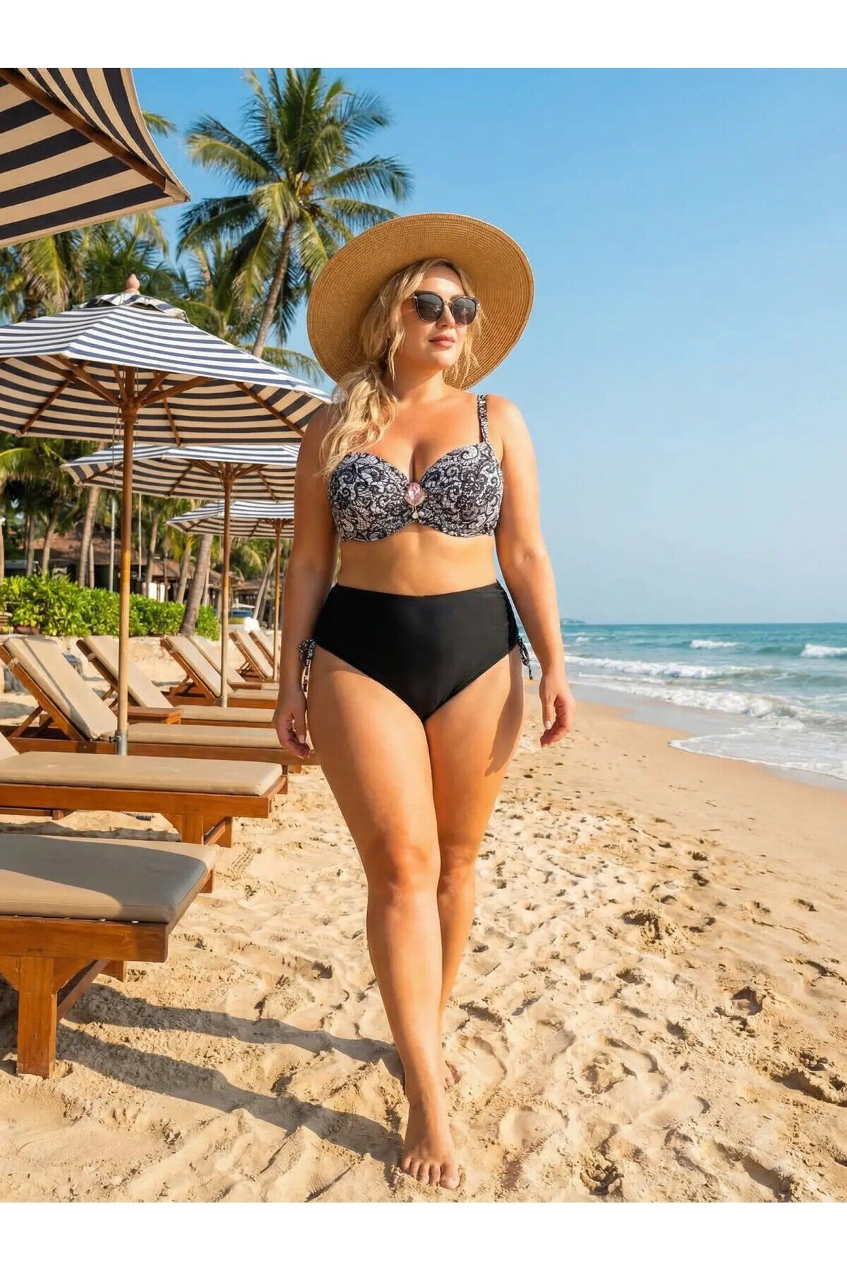Kadın Siyah Taş İşlemeli Toka Aksesuarlı Büyük Beden Bikini Takım HZL25S-LC3311