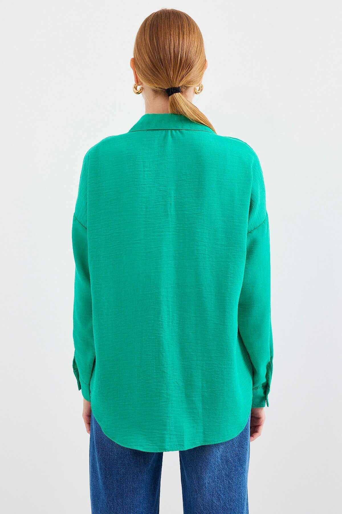 Kadın Su Yeşil Tek Cepli Oversize Keten Ayrobin Gömlek HZL24S-BD1201531