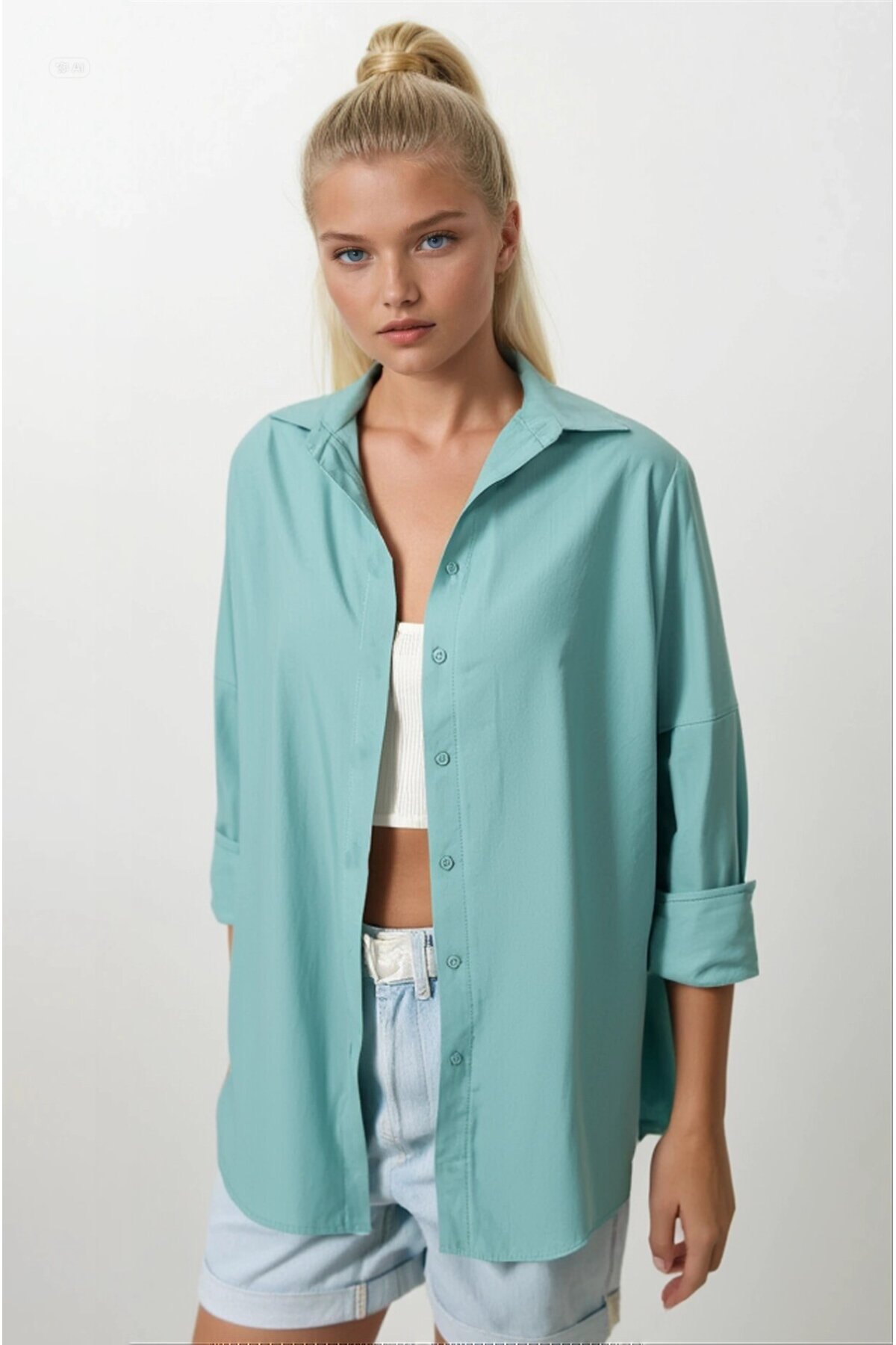 Kadın Su Yeşili Oversize Uzun Basic Gömlek  HZL22W-BD139001