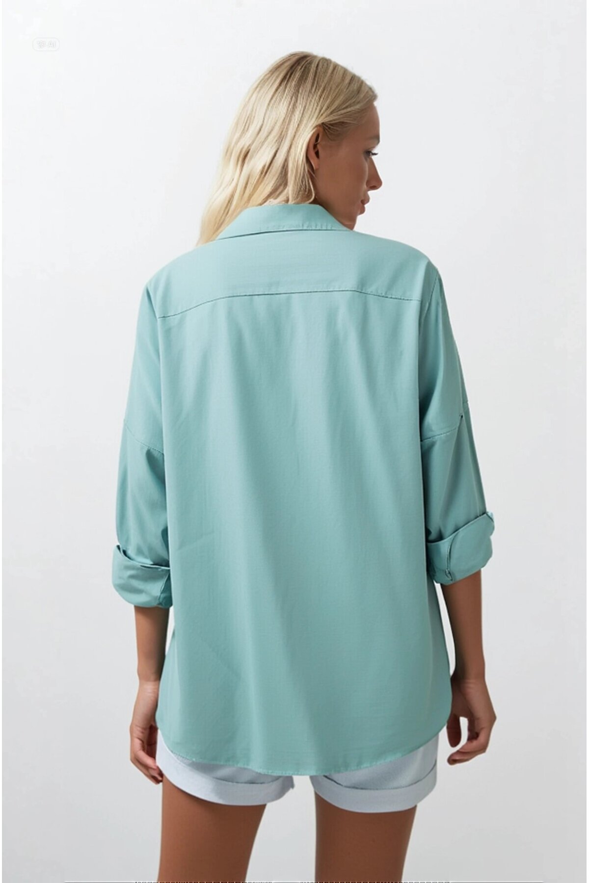 Kadın Su Yeşili Oversize Uzun Basic Gömlek  HZL22W-BD139001