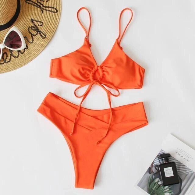 Kadın Turuncu İp Detaylı Astarlı V Kesim Üçgen Bikini Takım HZL24S-LC2234