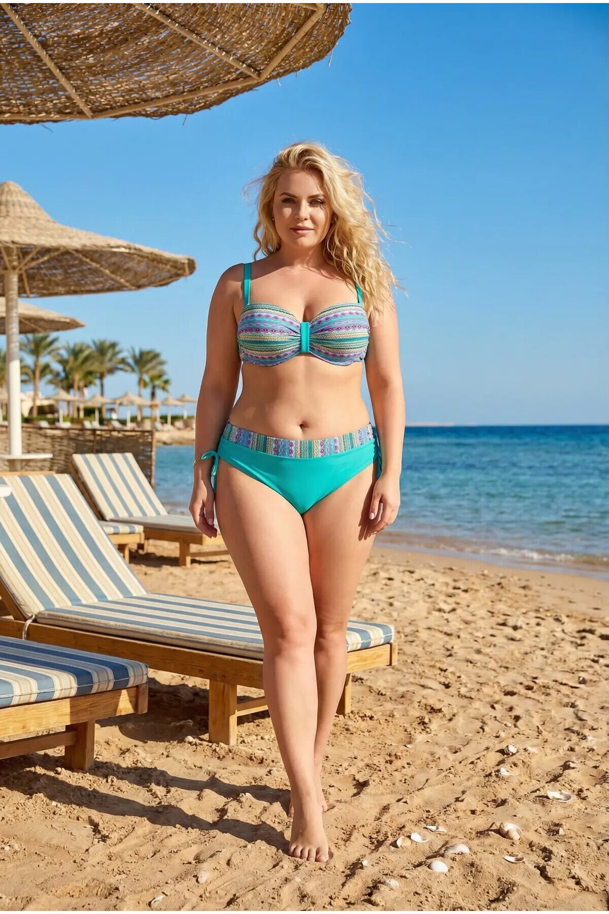 Kadın Yeşil Etnik Desenli Astarlı Büyük Beden Bikini Takımı HZL25S-LC22626