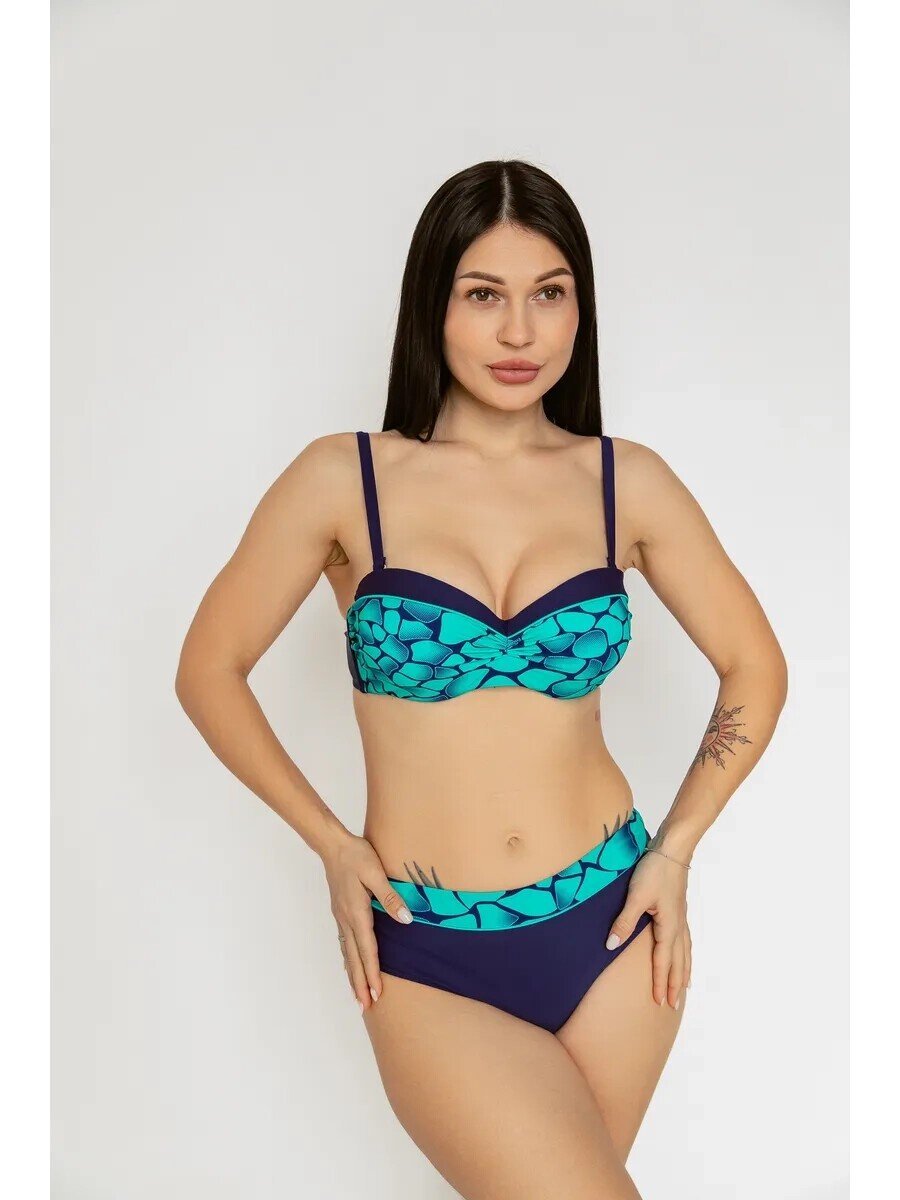 Kadın Yeşil Lacivert Desenli Astarlı Büyük Beden Bikini Takımı HZL25S-LC25143