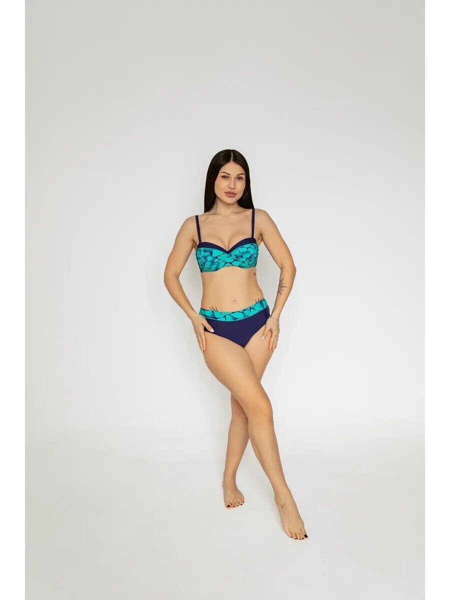 Kadın Yeşil Lacivert Desenli Astarlı Büyük Beden Bikini Takımı HZL25S-LC25143