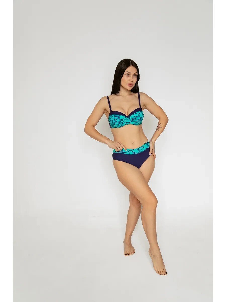 Kadın Yeşil Lacivert Desenli Astarlı Büyük Beden Bikini Takımı HZL25S-LC25143