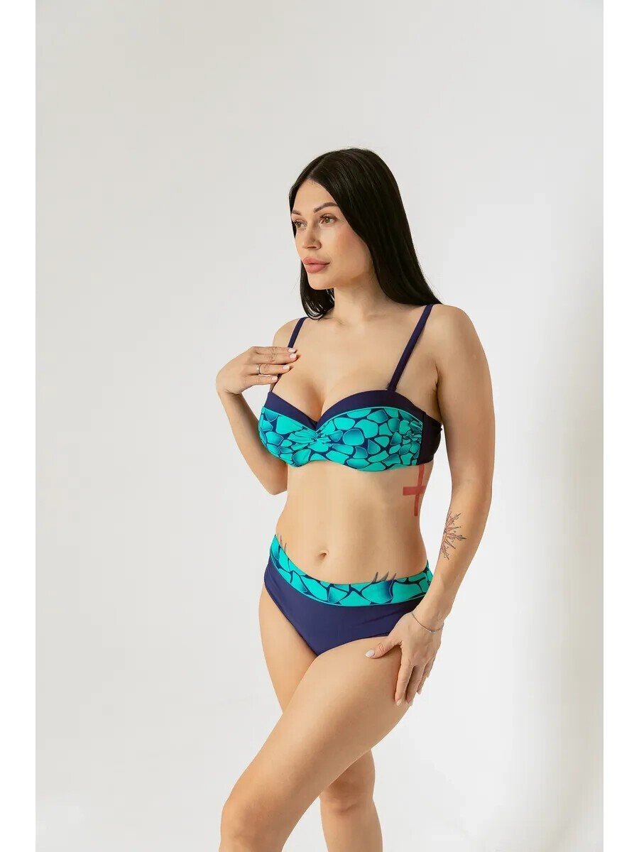 Kadın Yeşil Lacivert Desenli Astarlı Büyük Beden Bikini Takımı HZL25S-LC25143