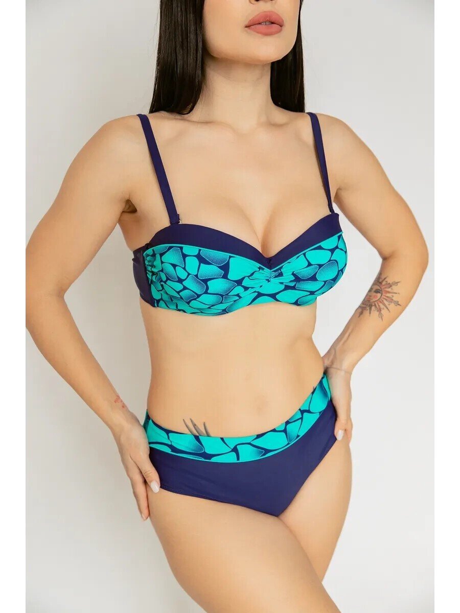 Kadın Yeşil Lacivert Desenli Astarlı Büyük Beden Bikini Takımı HZL25S-LC25143