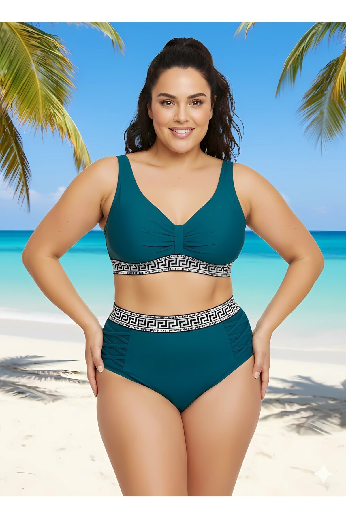 Kadın Yeşil Yüksek Bel Şerit Detaylı Destekli Büyük Beden Bikini Takımı HZL25S-LC201