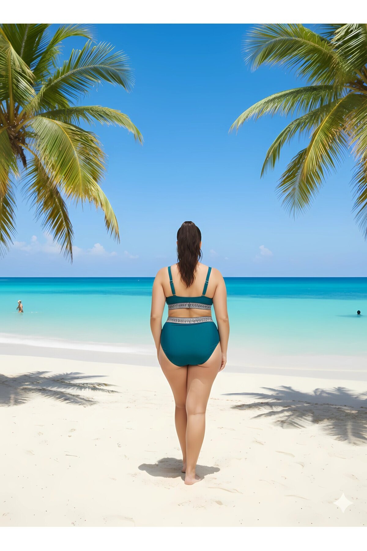 Kadın Yeşil Yüksek Bel Şerit Detaylı Destekli Büyük Beden Bikini Takımı HZL25S-LC201