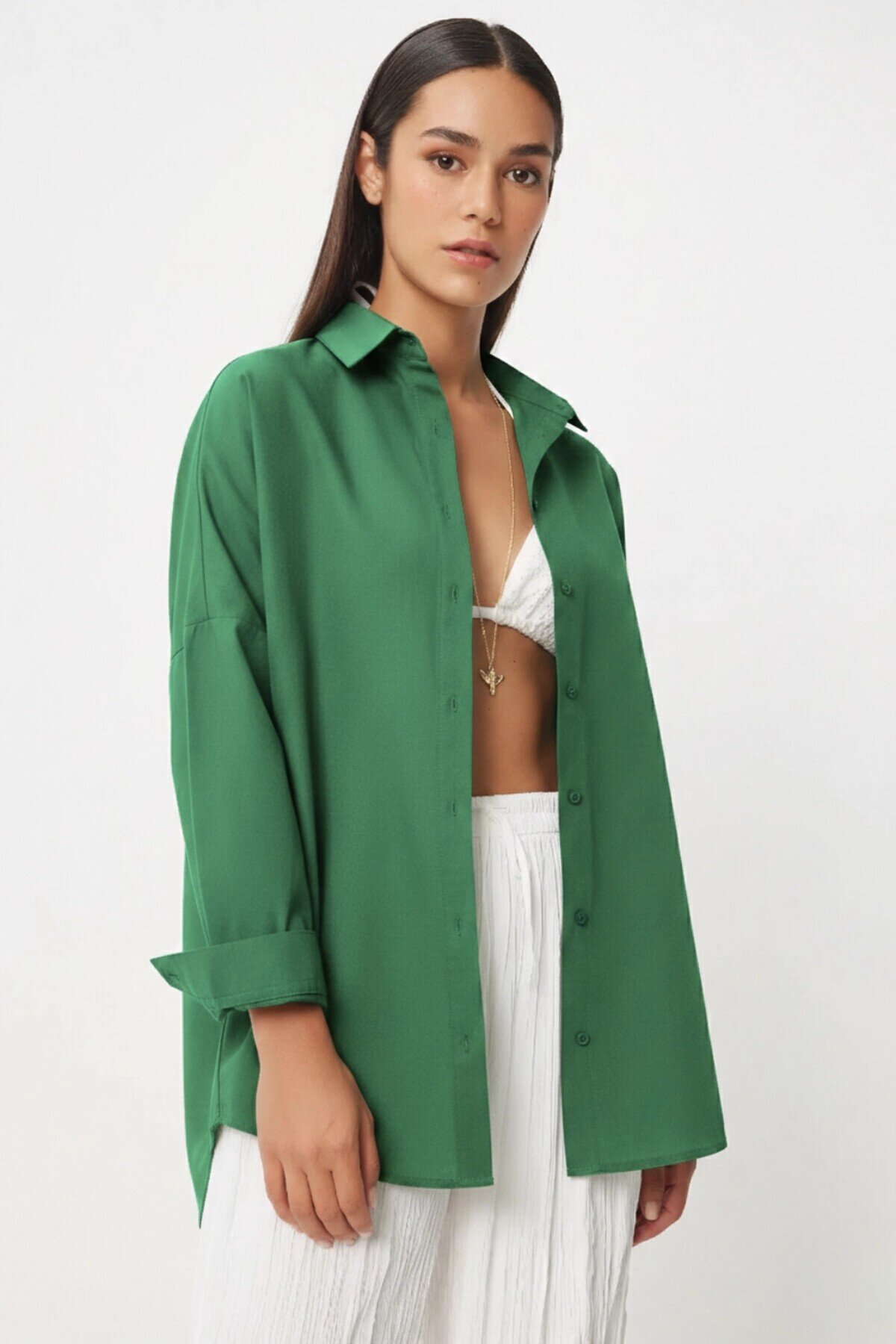 Kadın Zümrüt Yeşili Oversize Uzun Basic Gömlek HZL22W-BD139001