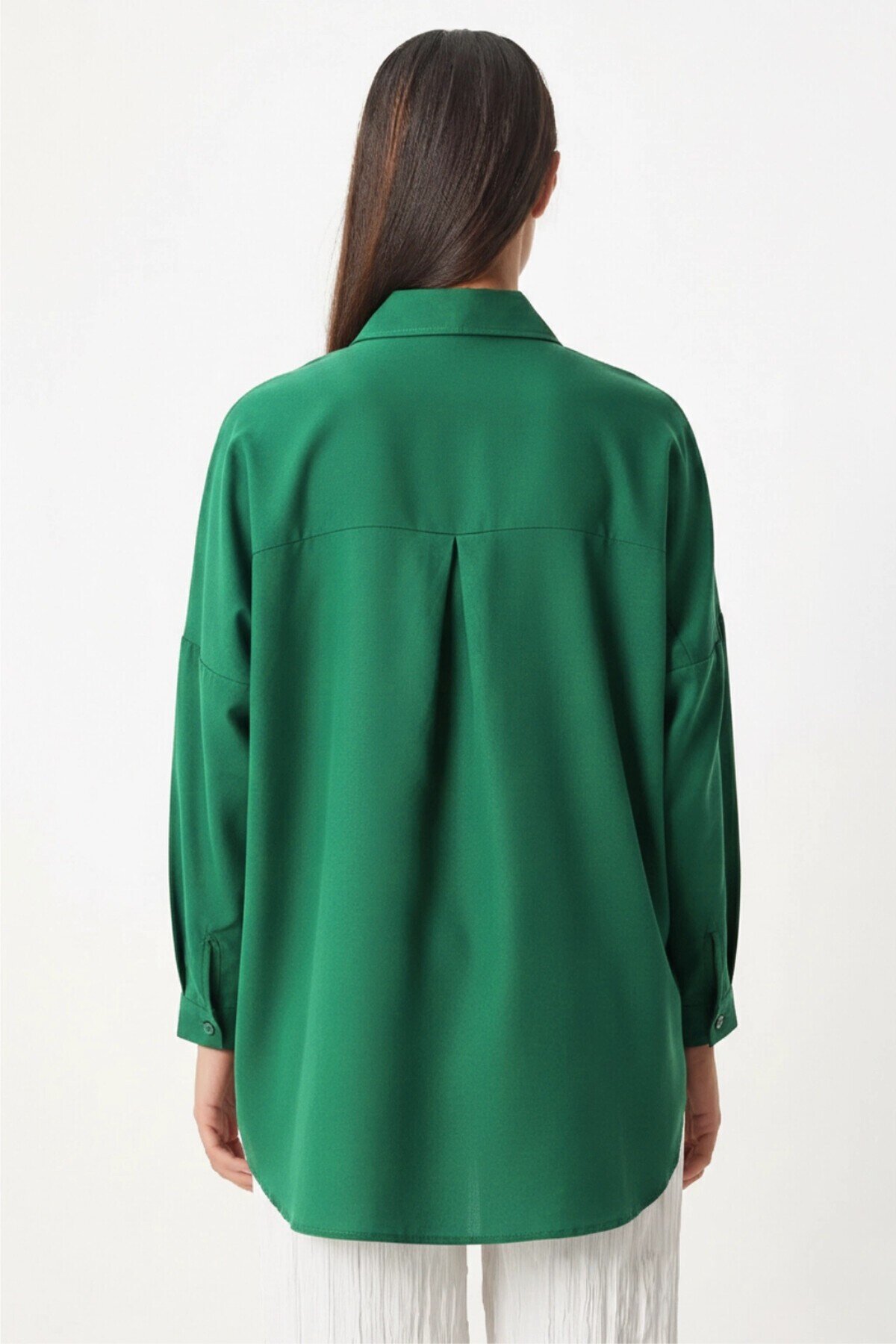 Kadın Zümrüt Yeşili Oversize Uzun Basic Gömlek HZL22W-BD139001