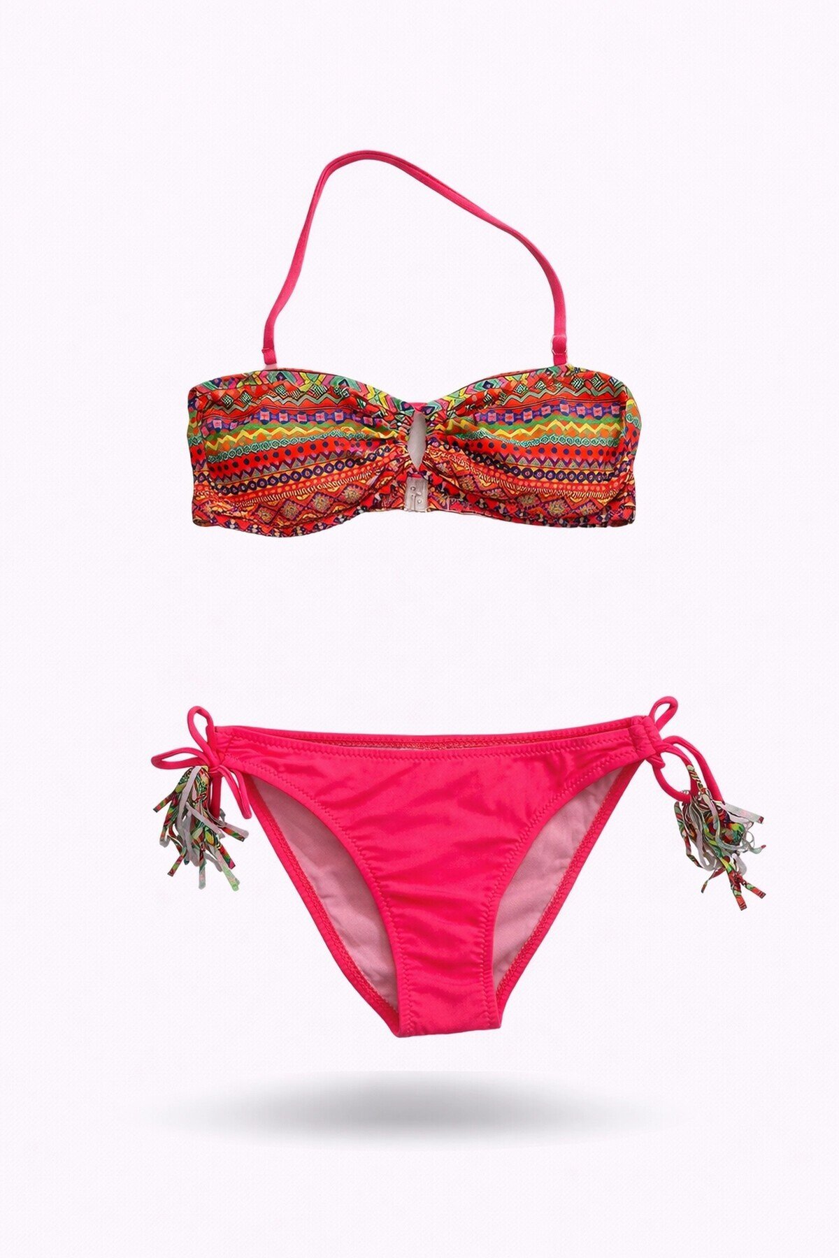 Kız Çocuk Fuşya Çok Renkli  İp Detaylı Astarlı 4-12 Yaş Üçgen Bikini Takım HZL24S-LC1904