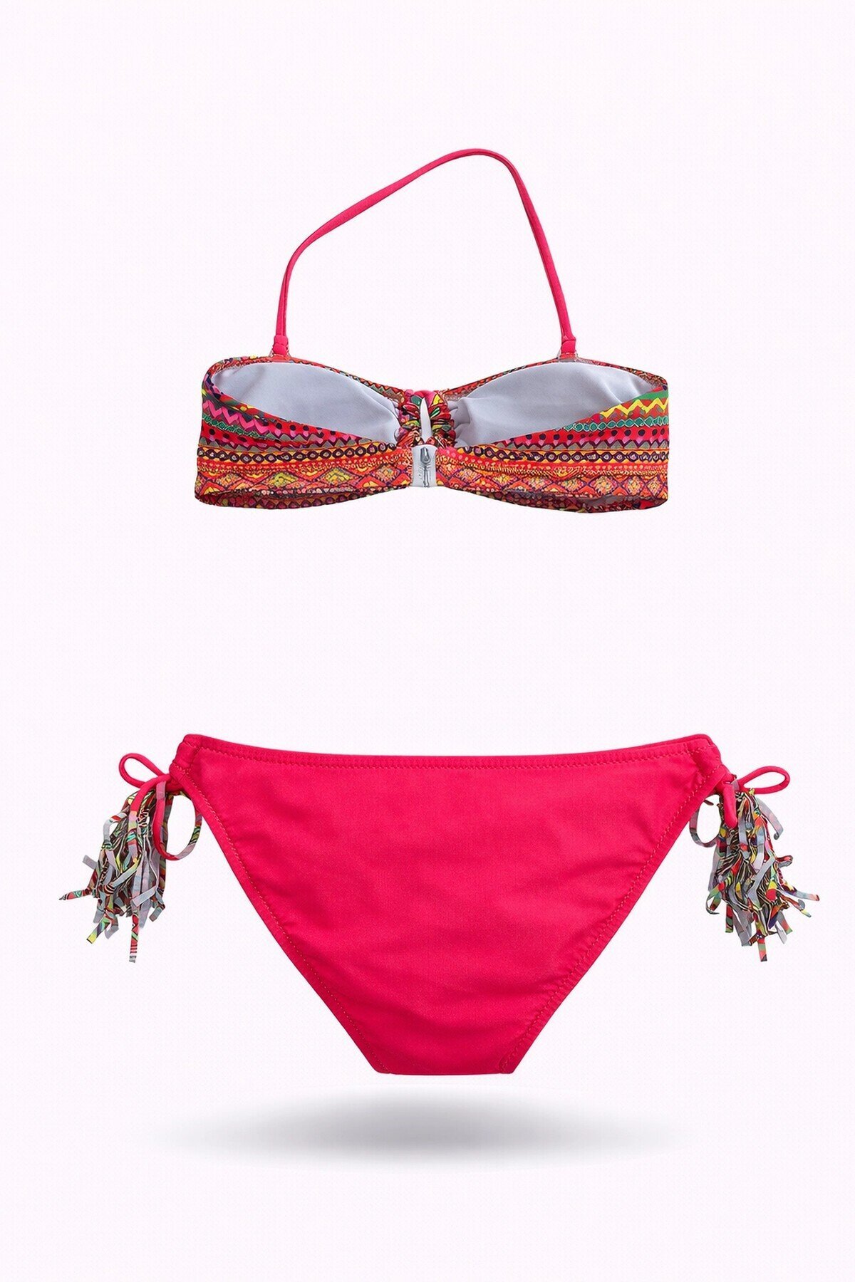 Kız Çocuk Fuşya Çok Renkli  İp Detaylı Astarlı 4-12 Yaş Üçgen Bikini Takım HZL24S-LC1904