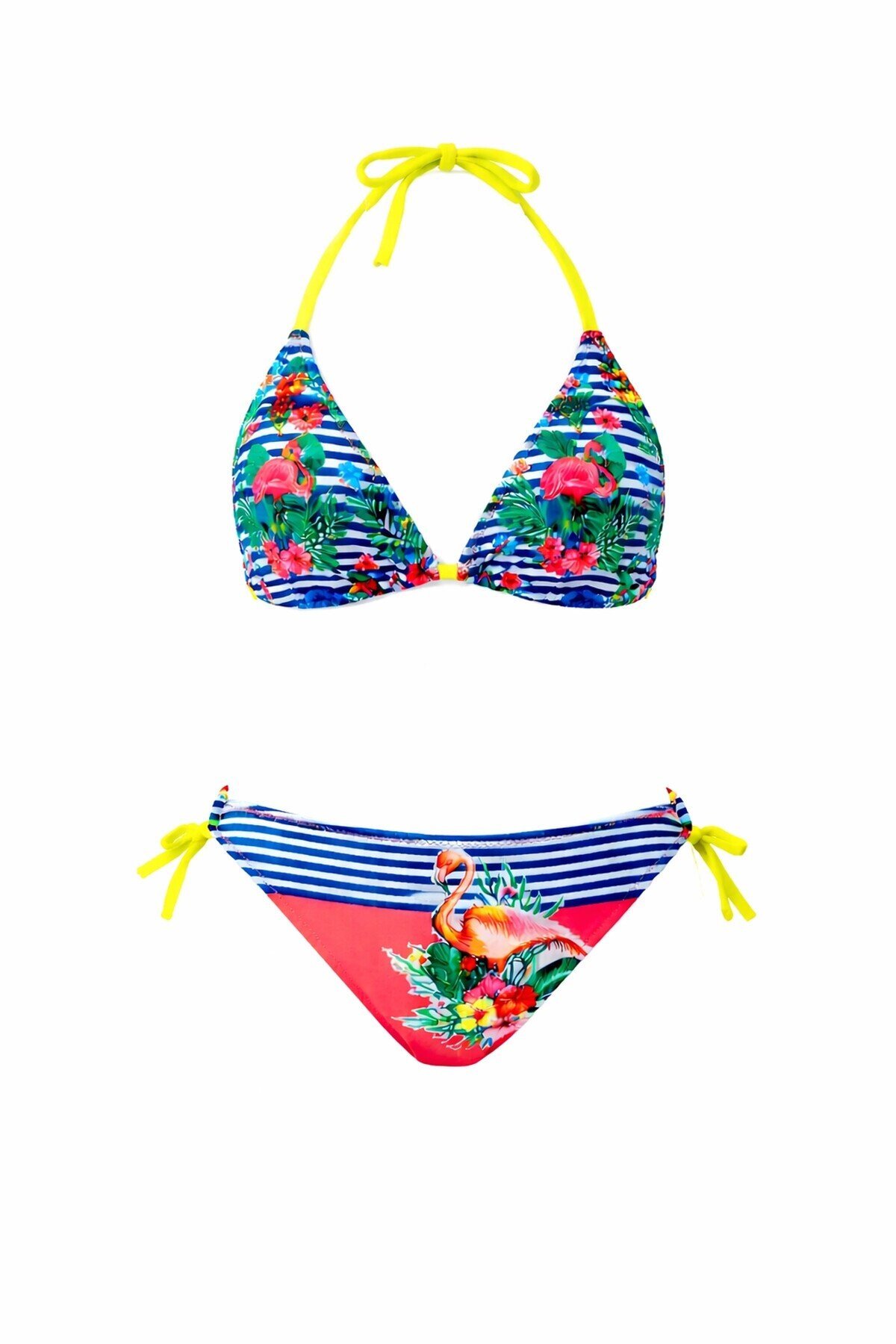 Kız Çocuk Mavi Pembe Flamingo Glow Desenli  6-14 Yaş Üçgen Bikini Takım HZL26S-LC19018
