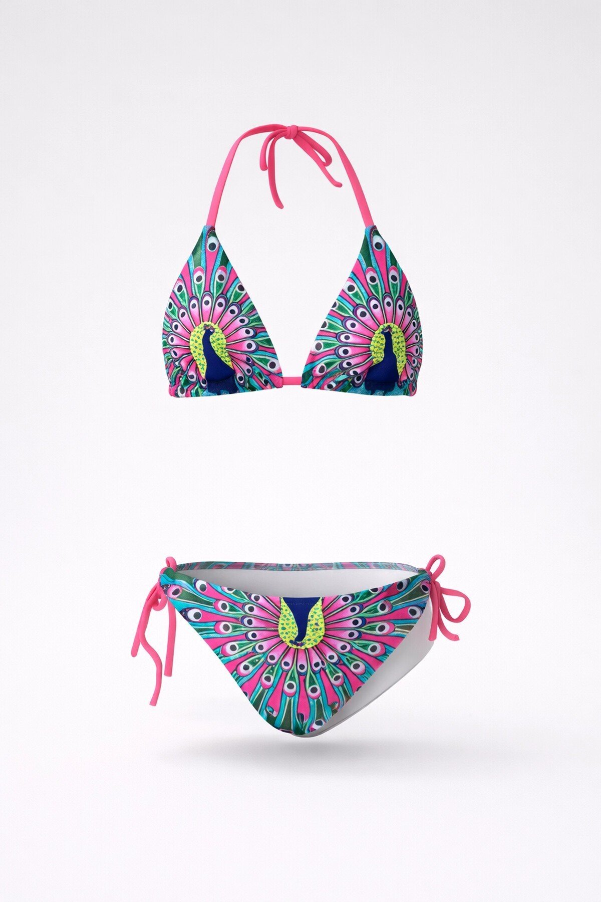 Kız Çocuk Mavi Tavuz Kuşu Desenli  6-14 Yaş Üçgen Bikini Takım HZL24S-LC19017