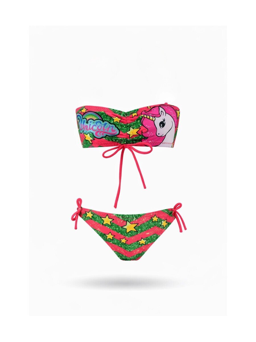 Kız Çocuk Neon Pembe Unicorn Desenli  2-8 Yaş Straplez Bikini Takım HZL24S-LC3658