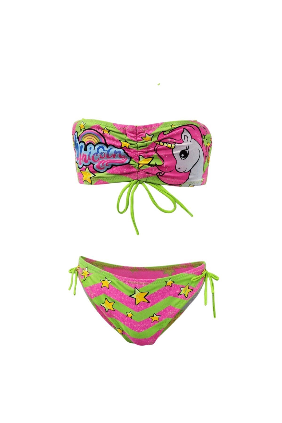 Kız Çocuk Neon Yeşil Unicorn Desenli  2-8 Yaş Straplez Bikini Takım HZL24S-LC3658