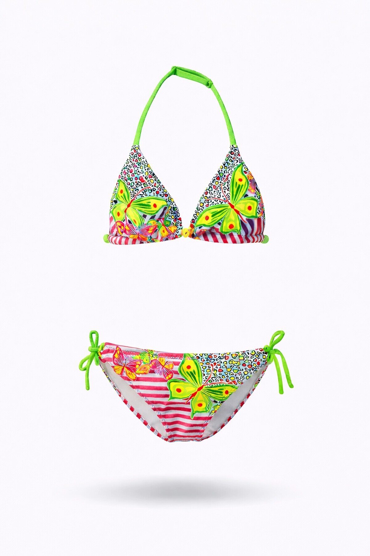 Kız Çocuk Pembe Kelebek Desenli  2-8 Yaş Üçgen Bikini Takım HZL24S-LC2134