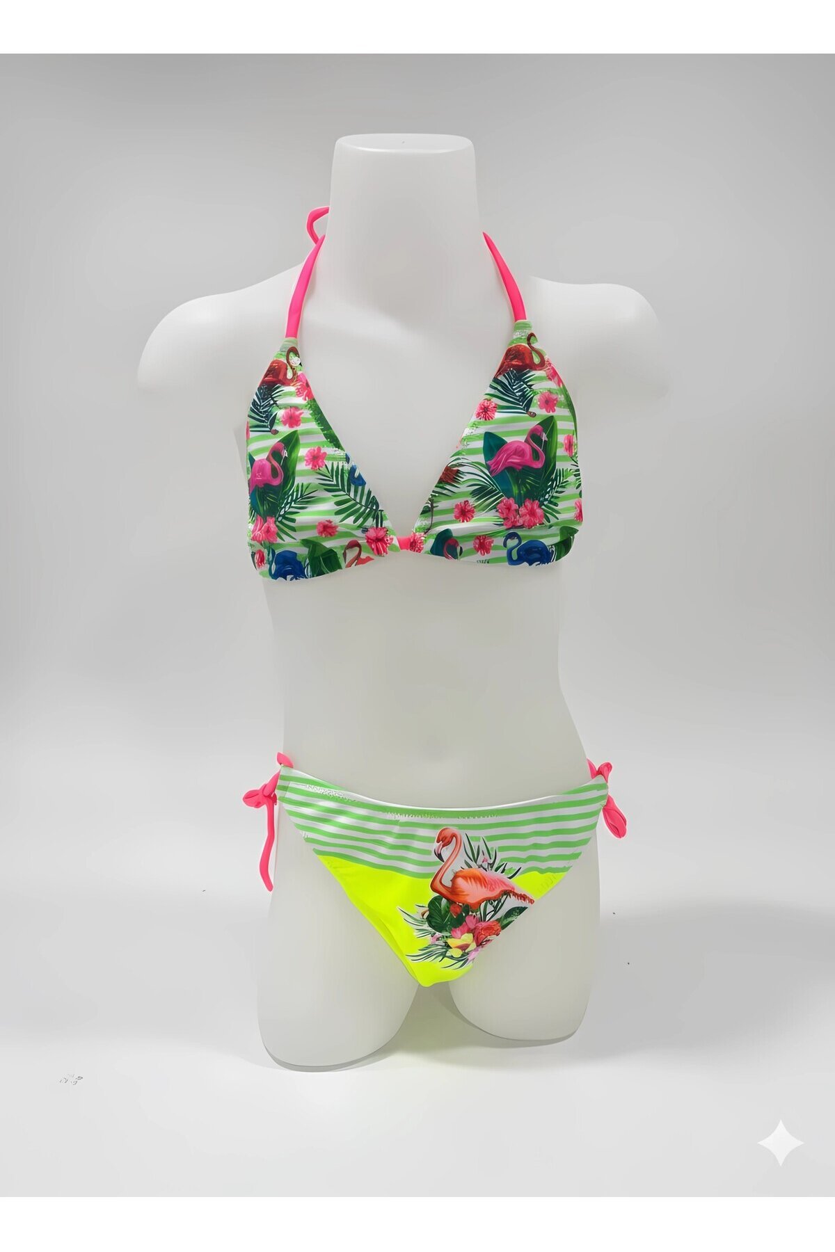 Kız Çocuk Sarı Yeşil Flamingo Glow Desenli  6-14 Yaş Üçgen Bikini Takım HZL26S-LC19018