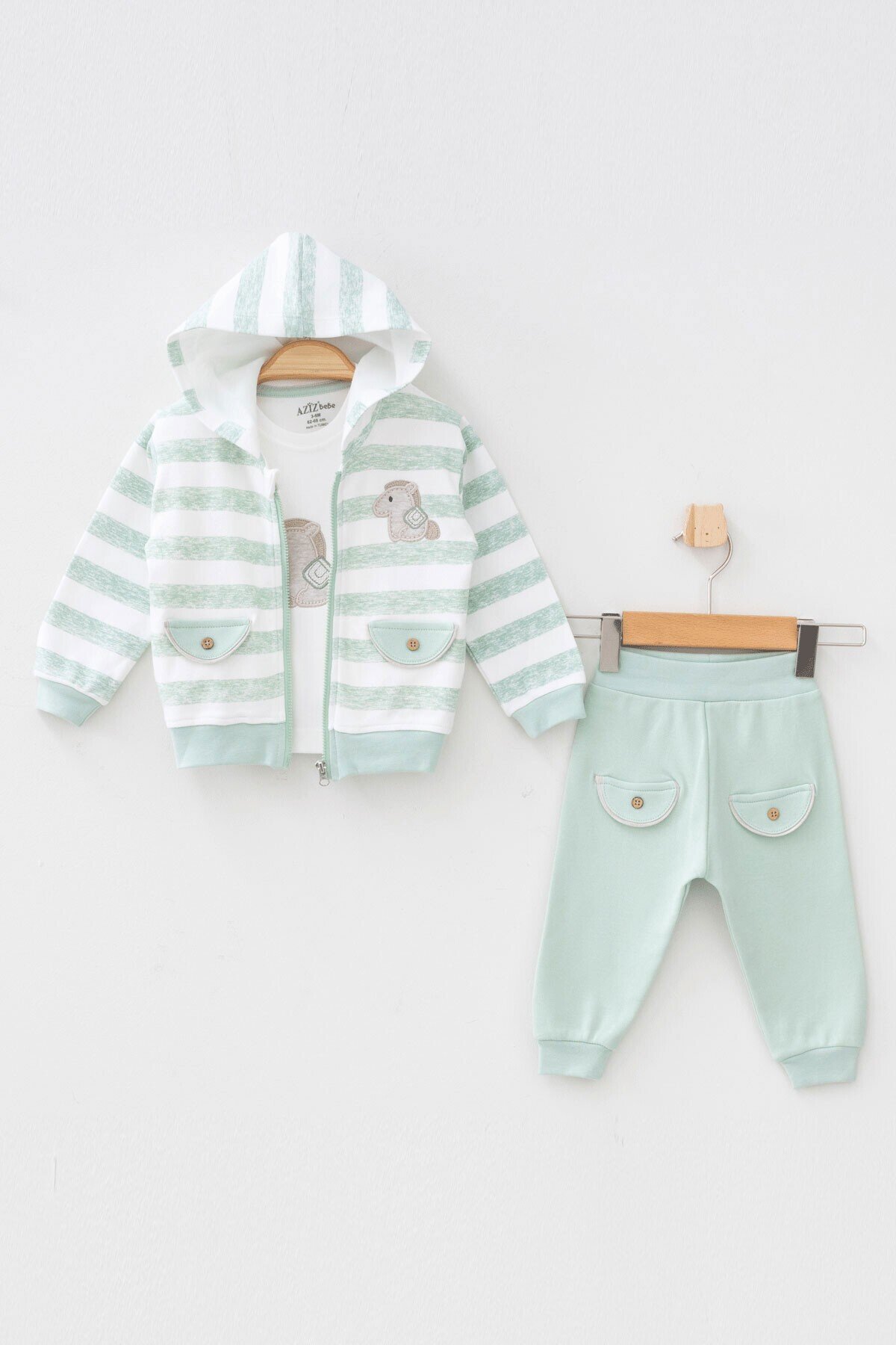 Erkek Bebek At Nakışlı Sweatshirt Pantolon T-shirt 3  lü Alt Üst Bebek Takımı 3 Ay - 36 Ay