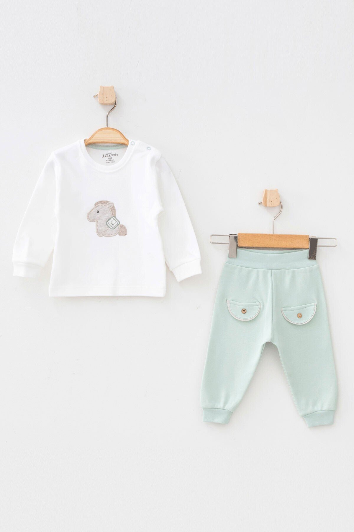 Erkek Bebek At Nakışlı Sweatshirt Pantolon T-shirt 3  lü Alt Üst Bebek Takımı 3 Ay - 36 Ay