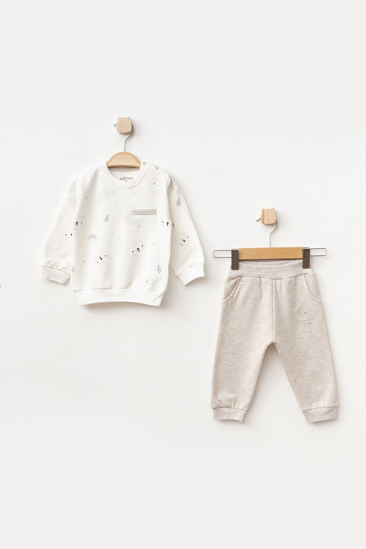 Erkek Bebek Desenli Sweatshirt Pantolon 2  li Alt Üst Bebek Takımı 3 Ay - 36 Ay