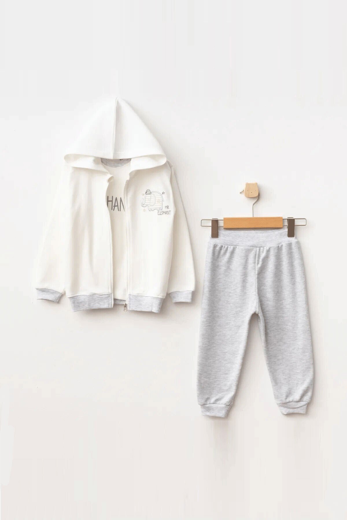 Erkek Bebek Fil Nakışlı Sweatshirt Pantolon T-shirt 3 lü Alt Üst Bebek Takımı 3 Ay-24 Ay