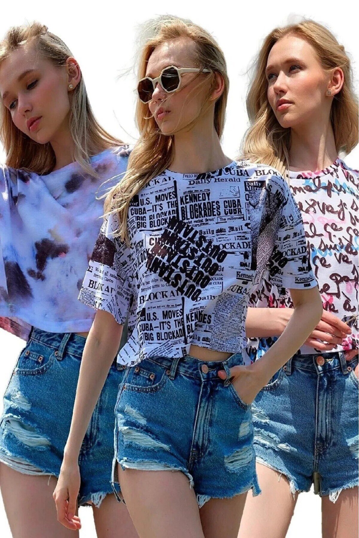 Kadın 3 Lü Baskılı Crop T-shirt