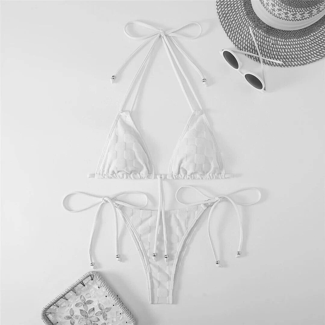 Kadın Beyaz İp Bağlamalı Aksesuarlı Astarlı Yüksek Bel Üçgen Bikini Takım HZL24S-LC2229