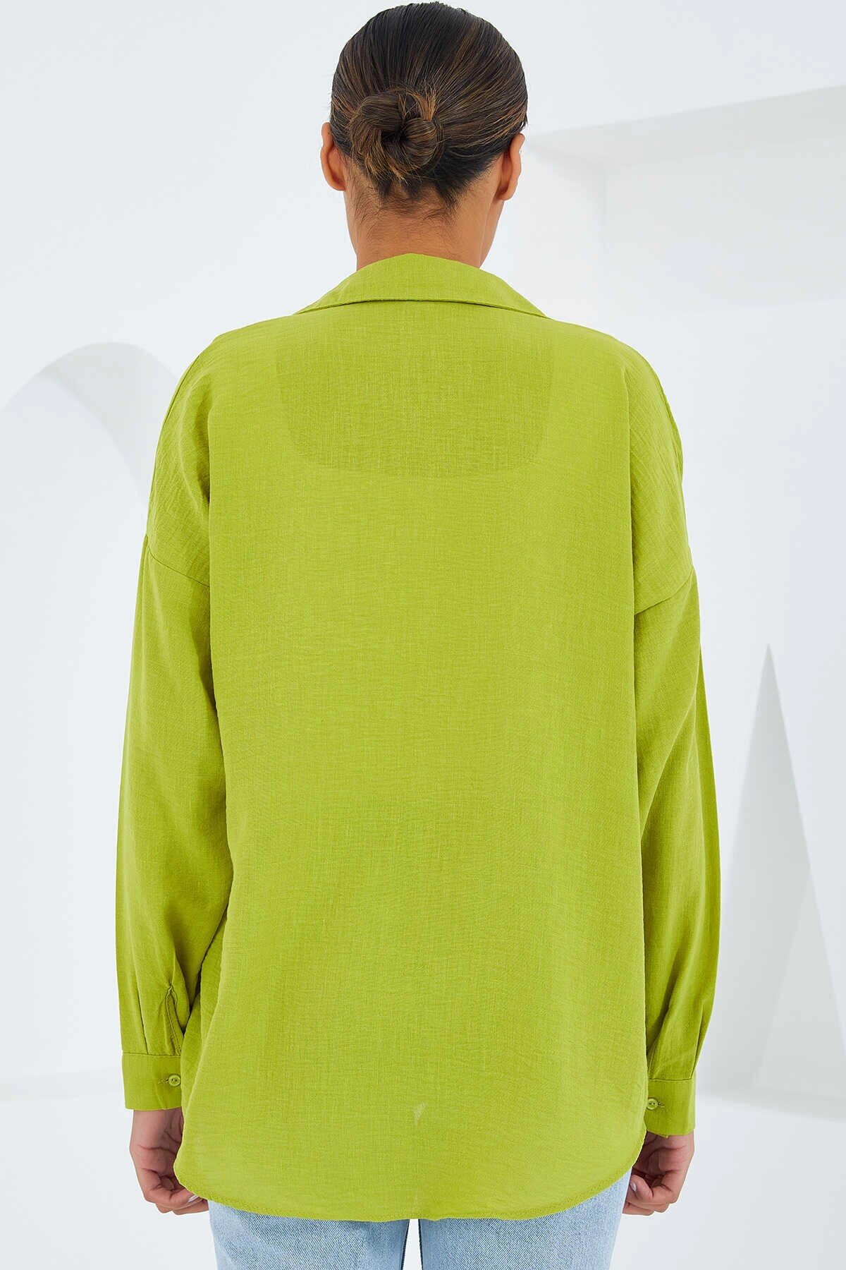 Kadın Fıstık Yeşil Tek Cepli Oversize Keten Ayrobin Gömlek HZL24S-BD1201531