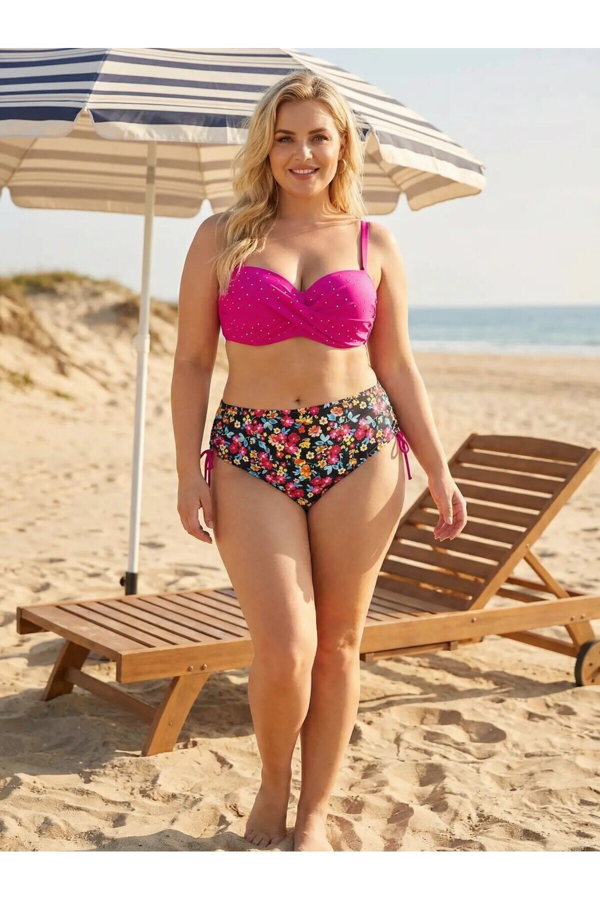 Kadın Fuşya Çiçek Desenli Taş İşlemeli Büyük Beden Astarlı Bikini Takım HZL25S-LC3312