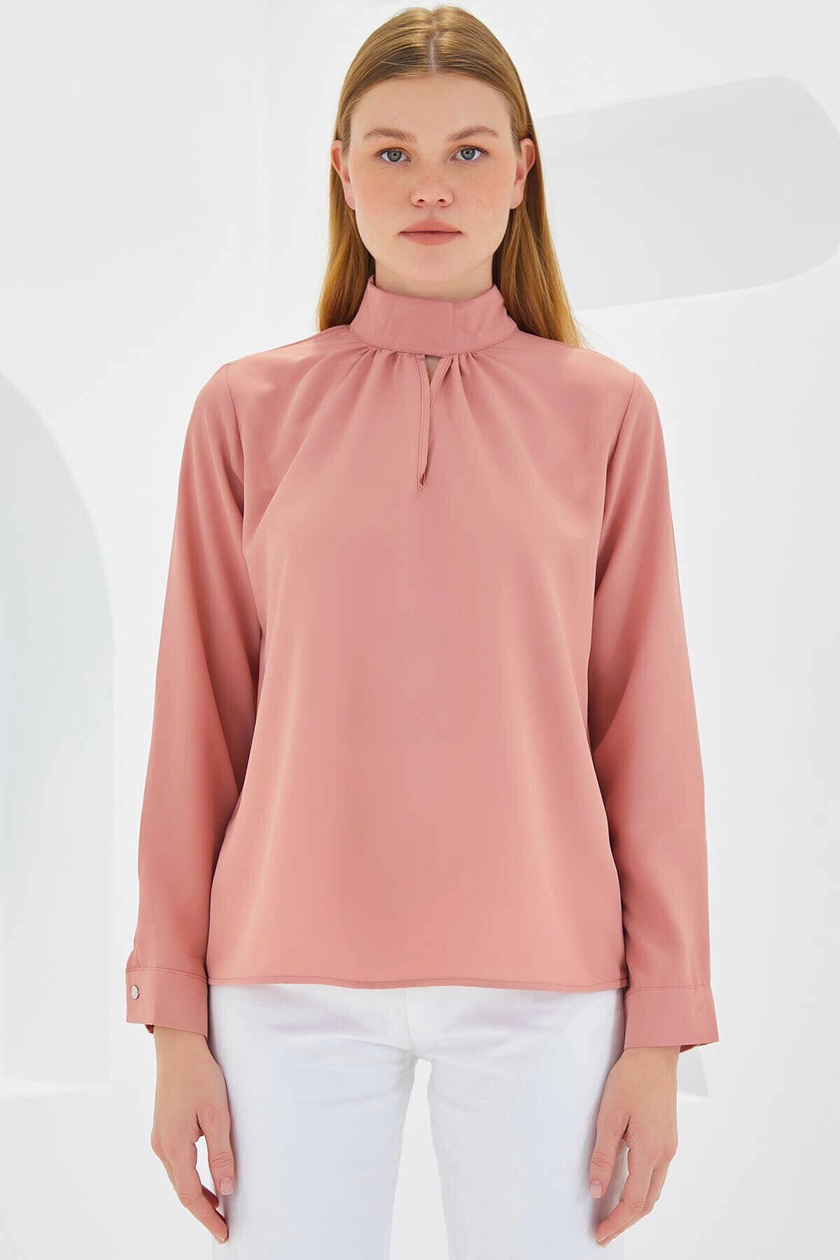 Kadın Gül Kurusu Pencere Detaylı Dökümlü Uzun Kollu Bluz HZL22S-BD104181