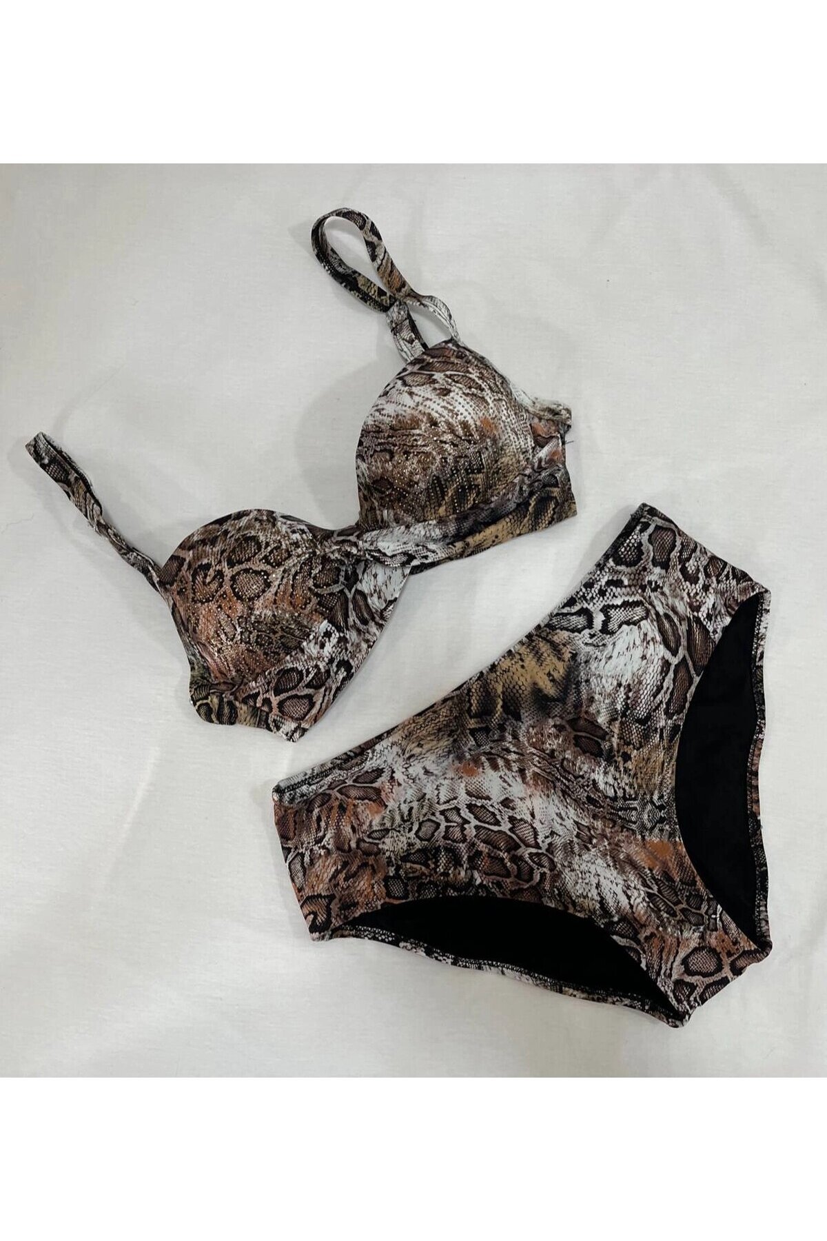 Kadın Kahverengi Leopar Desenli Astarlı Büyük Beden Bikini Takımı HZL25S-LC25006