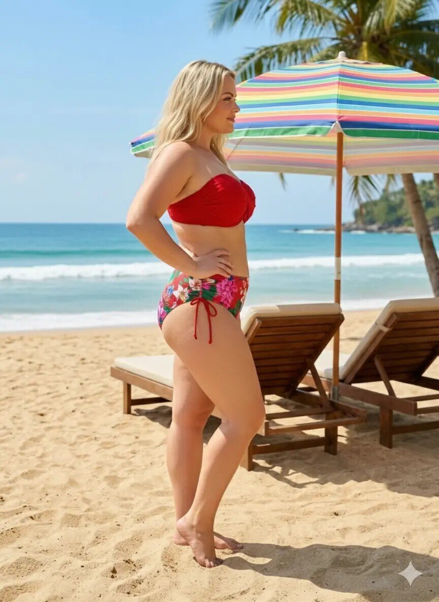 Kadın Kırmızı Taş İşlemeli Çiçek Desenli Büyük Beden Bikini Takım HZL25S-LC3368