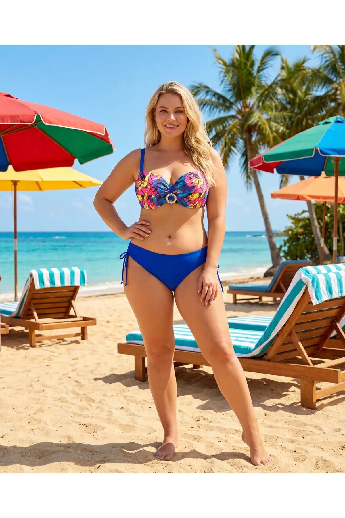 Kadın Saks Mavi Renk Desenli Toka Detaylı  Astarlı Bikini Takım HZL25S-LC3322