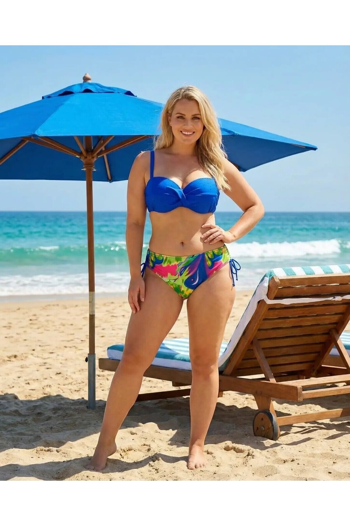 Kadın Saks Mavi Taş İşlemeli Astarlı Bikini Takım HZL25S-LC3334