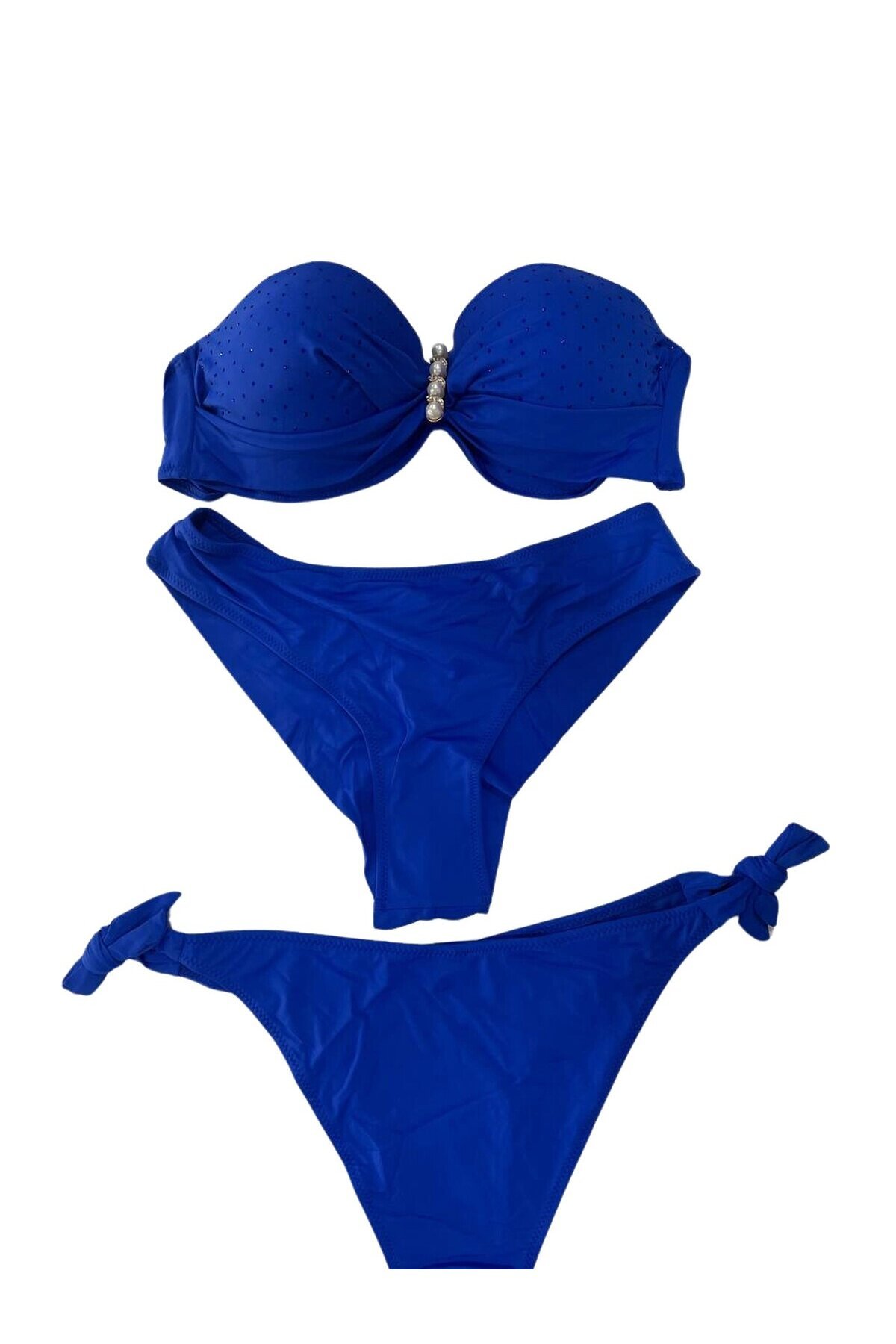 Kadın Saks Mavi Taş İşlemeli Tokalı  Astarlı Bikini Takım HZL24S-LC3306