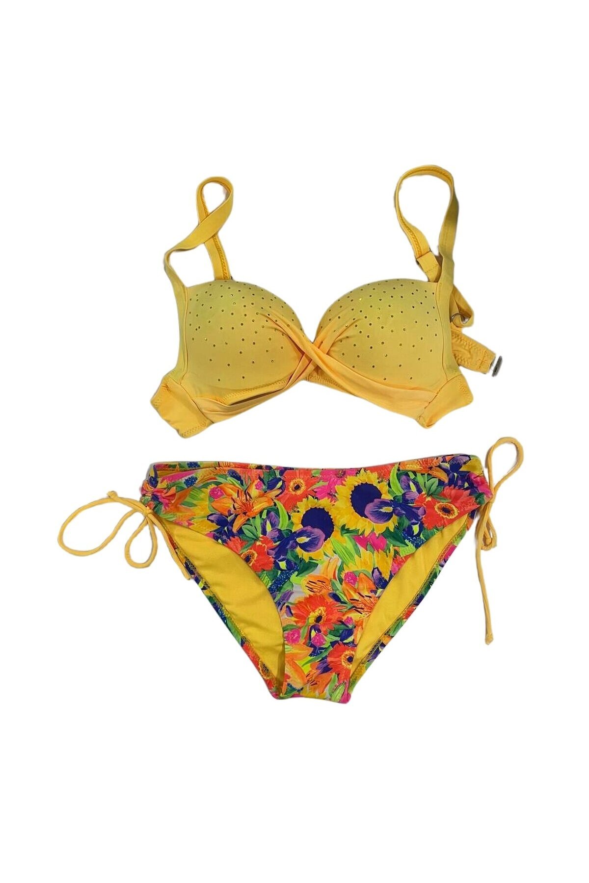 Kadın Sarı Çiçek Desenli Taş İşlemeli  Astarlı Bikini Takım HZL25S-LC3313