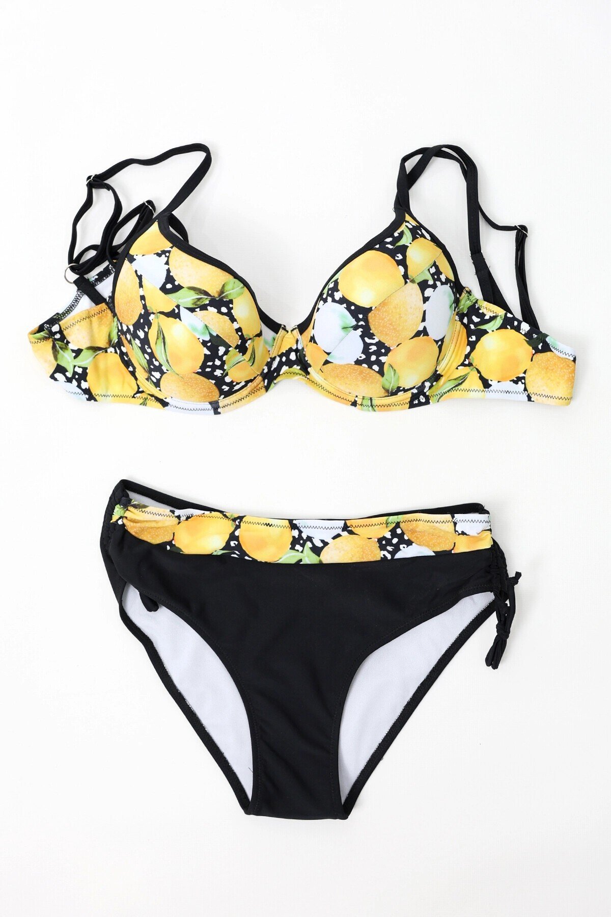 Kadın Sarı Siyah Limon Desenli İp Askılı Yüksek Bel Büyük Beden Bikini Takım HZL24S-LC3348